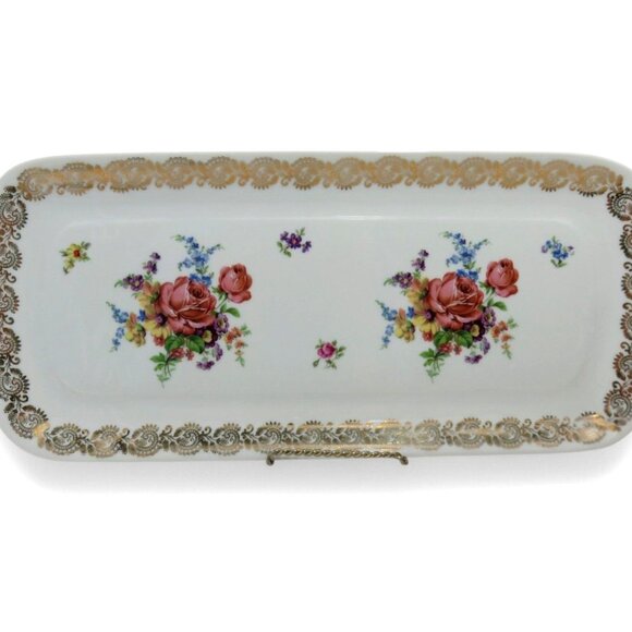 Limoges France Other - LIMOGES FRANCE Floral Tray Gold Trim Decorative Platter France Vintage 15"